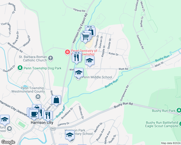 map of restaurants, bars, coffee shops, grocery stores, and more near 213 Watt Road in Jeannette