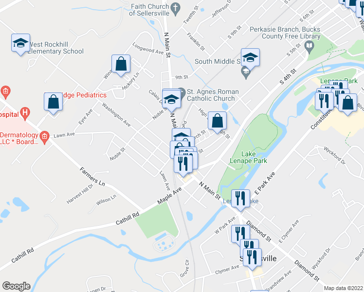 map of restaurants, bars, coffee shops, grocery stores, and more near 16 East Church Street in Sellersville
