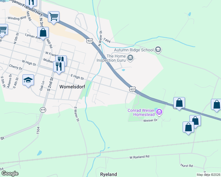 map of restaurants, bars, coffee shops, grocery stores, and more near 244 East High Street in Womelsdorf