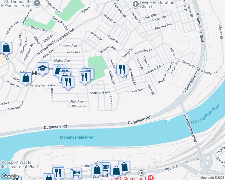 map of restaurants, bars, coffee shops, grocery stores, and more near 1413 Pennsylvania Avenue in West Mifflin