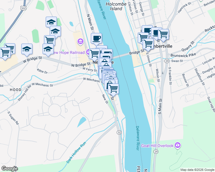 map of restaurants, bars, coffee shops, grocery stores, and more near 2 East Mechanic Street in New Hope
