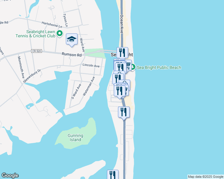 map of restaurants, bars, coffee shops, grocery stores, and more near 14 South Street in Sea Bright