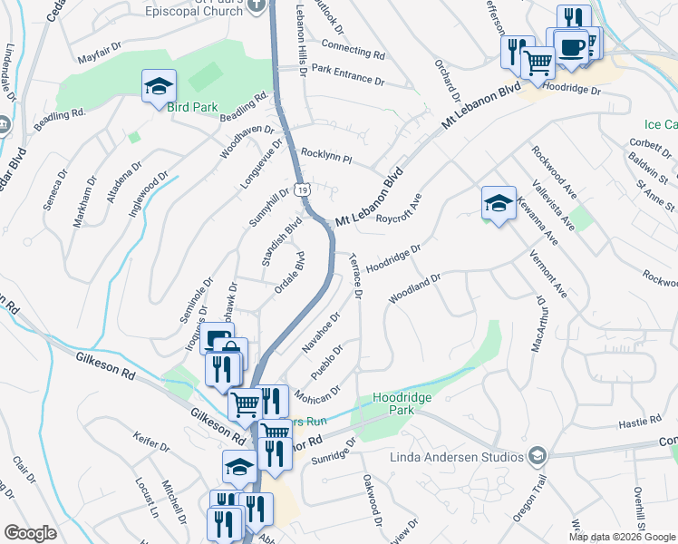 map of restaurants, bars, coffee shops, grocery stores, and more near 1320 Terrace Drive in Pittsburgh