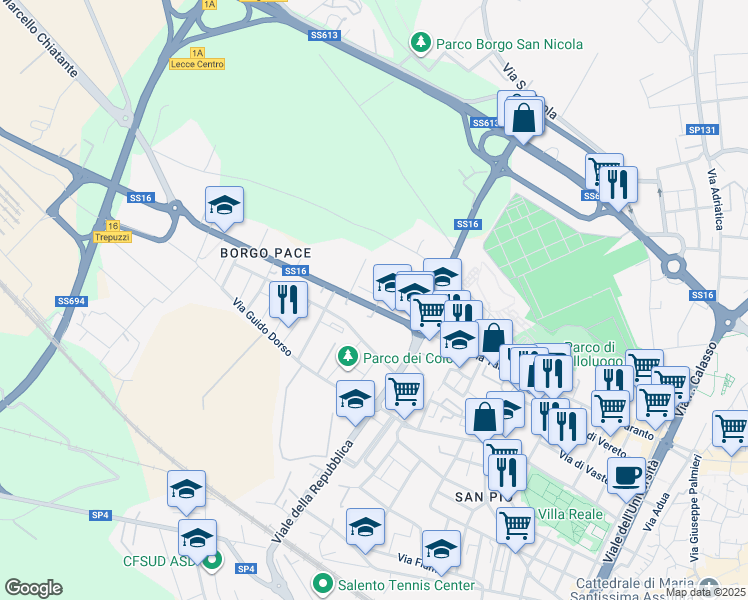 map of restaurants, bars, coffee shops, grocery stores, and more near Via Belloluogo in Lecce
