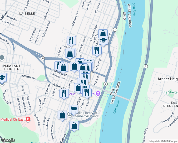 map of restaurants, bars, coffee shops, grocery stores, and more near 187 North 4th Street in Steubenville