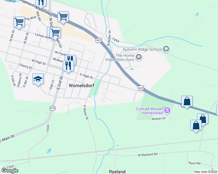 map of restaurants, bars, coffee shops, grocery stores, and more near 146 East High Street in Womelsdorf