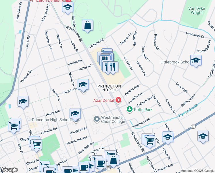 map of restaurants, bars, coffee shops, grocery stores, and more near 275 North Harrison Street in Princeton
