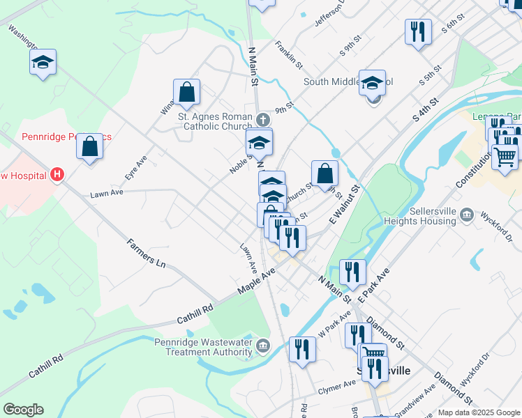 map of restaurants, bars, coffee shops, grocery stores, and more near 320 North Main Street in Sellersville