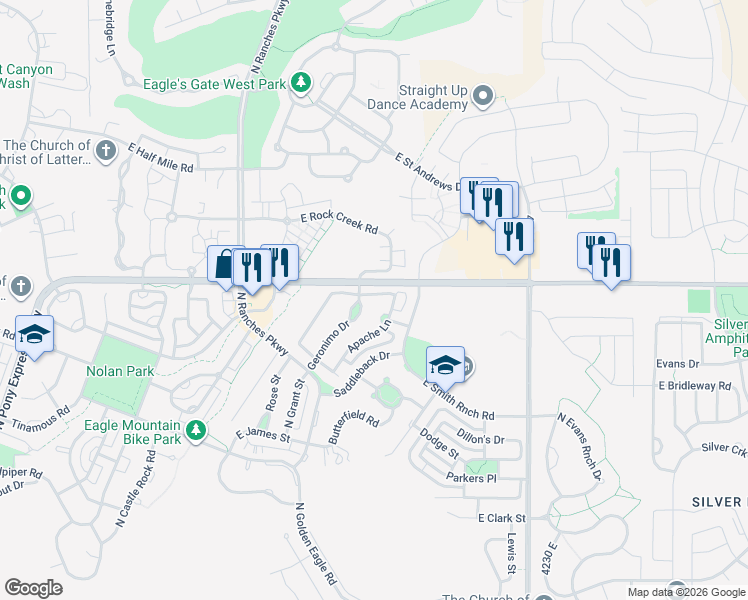 map of restaurants, bars, coffee shops, grocery stores, and more near 3822 Navajo Drive in Eagle Mountain