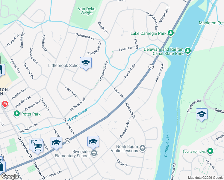 map of restaurants, bars, coffee shops, grocery stores, and more near 48 Roper Road in Princeton