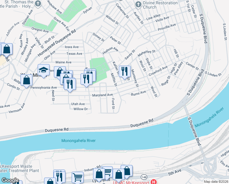 map of restaurants, bars, coffee shops, grocery stores, and more near 1413 Pennsylvania Avenue in West Mifflin