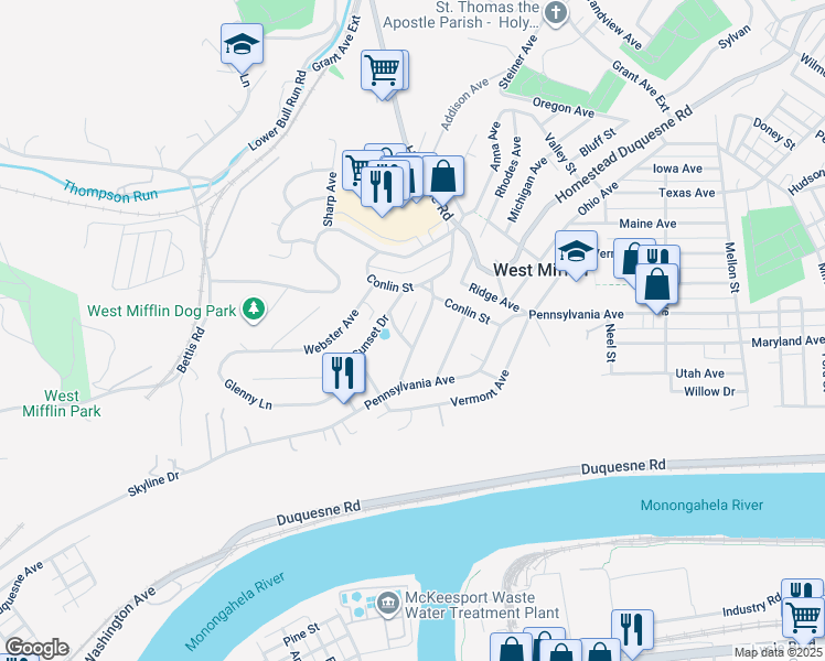 map of restaurants, bars, coffee shops, grocery stores, and more near 2215 Sunset Drive in West Mifflin