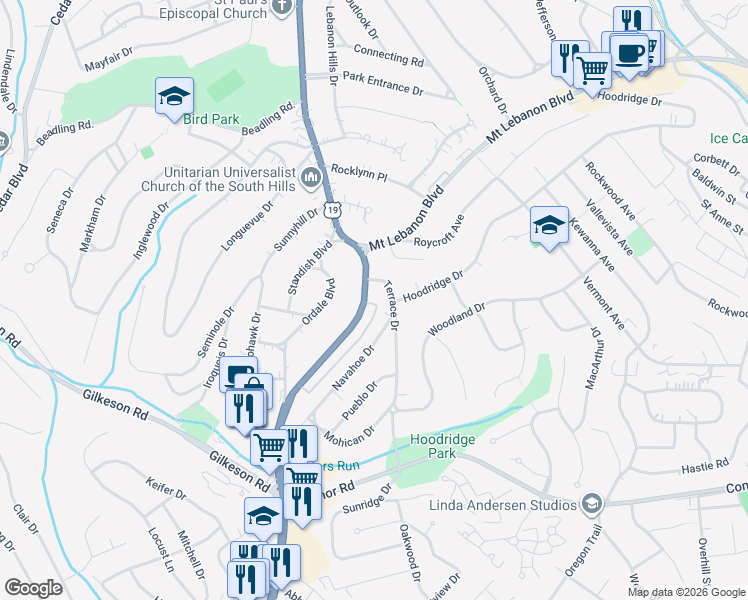 map of restaurants, bars, coffee shops, grocery stores, and more near 1320 Terrace Drive in Pittsburgh