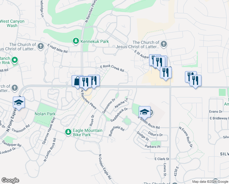 map of restaurants, bars, coffee shops, grocery stores, and more near 3752 Navajo Drive in Eagle Mountain