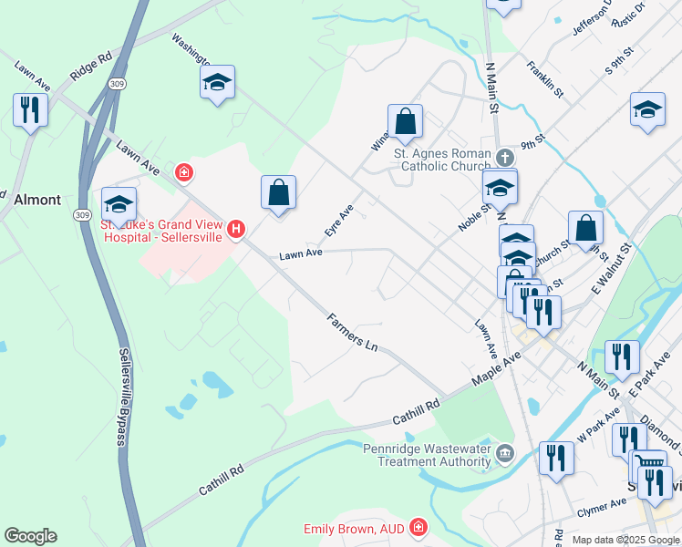 map of restaurants, bars, coffee shops, grocery stores, and more near 6 Woodbury Avenue in Sellersville