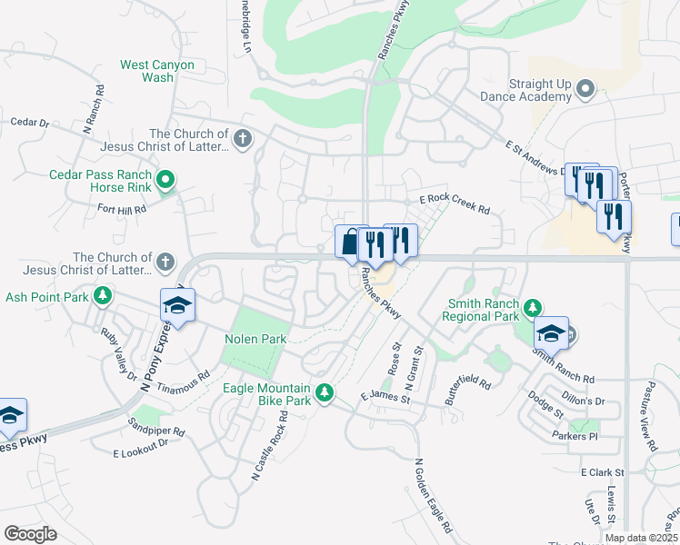 map of restaurants, bars, coffee shops, grocery stores, and more near 3429 Dundee Drive in Eagle Mountain
