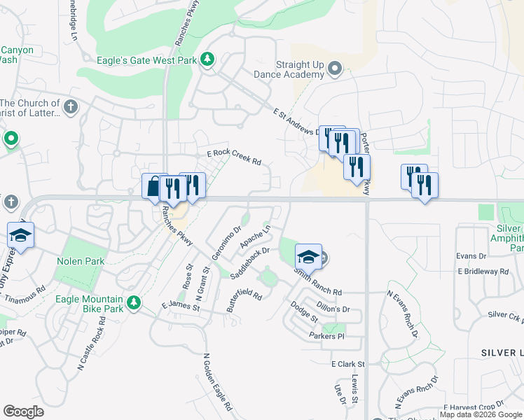 map of restaurants, bars, coffee shops, grocery stores, and more near 3822 Navajo Drive in Eagle Mountain