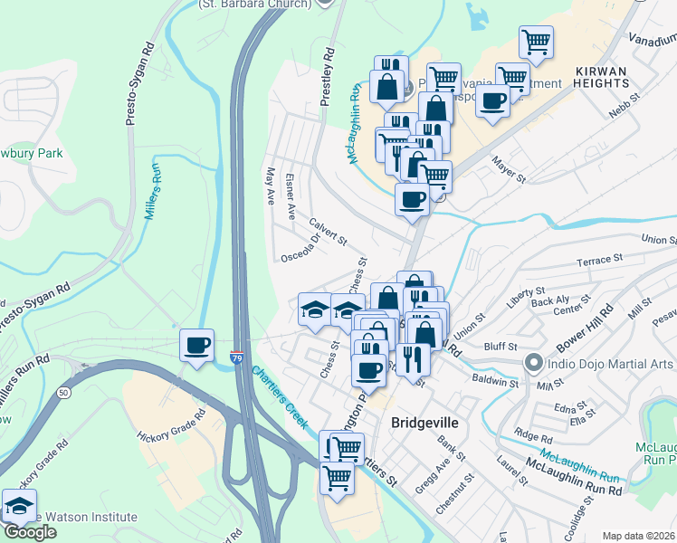 map of restaurants, bars, coffee shops, grocery stores, and more near 297 Patterson Avenue in Bridgeville