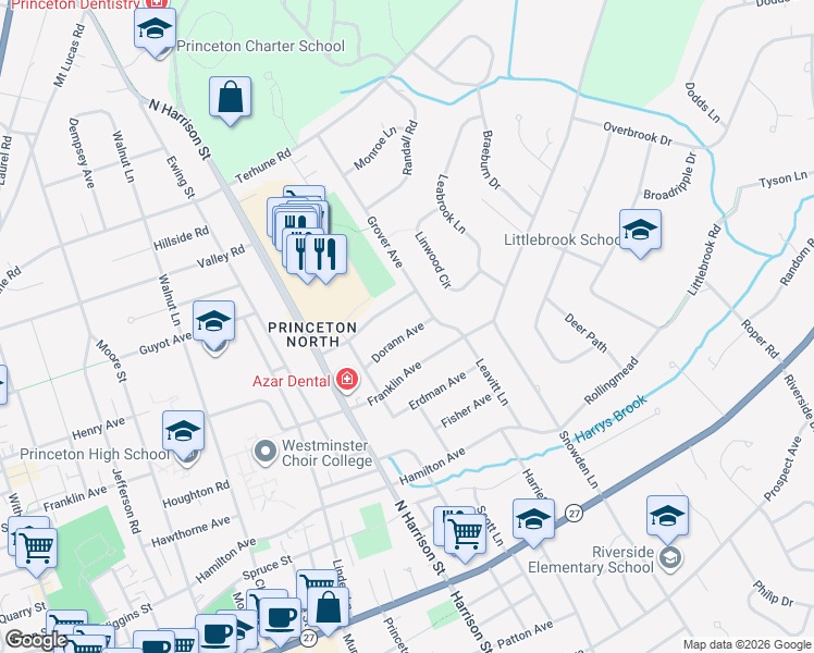 map of restaurants, bars, coffee shops, grocery stores, and more near 52 Dorann Avenue in Princeton