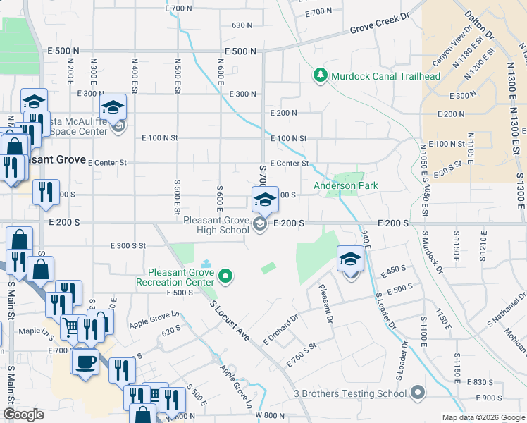map of restaurants, bars, coffee shops, grocery stores, and more near 160 South 700 East in Pleasant Grove