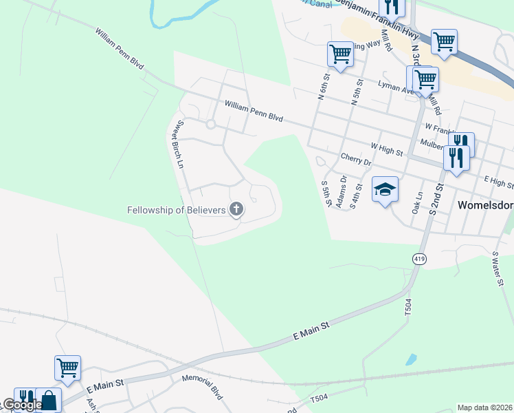 map of restaurants, bars, coffee shops, grocery stores, and more near 25 Thea Court in Womelsdorf