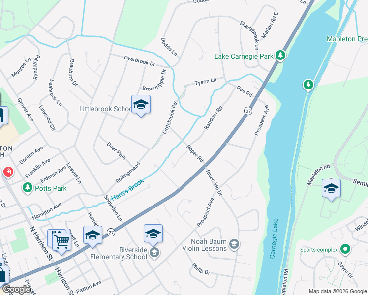 map of restaurants, bars, coffee shops, grocery stores, and more near 51 Roper Road in Princeton