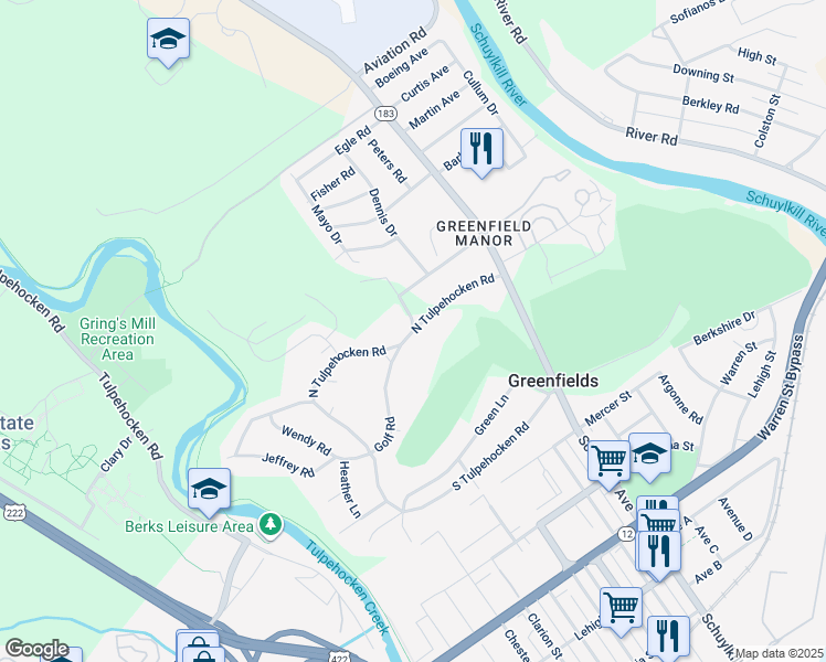 map of restaurants, bars, coffee shops, grocery stores, and more near North Tulpehocken Road in Reading