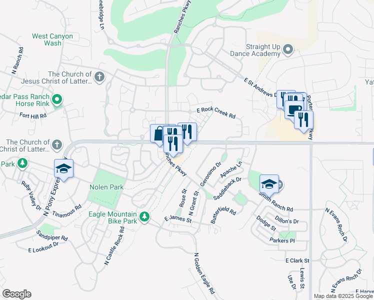 map of restaurants, bars, coffee shops, grocery stores, and more near 3604 East Pony Express Parkway in Eagle Mountain