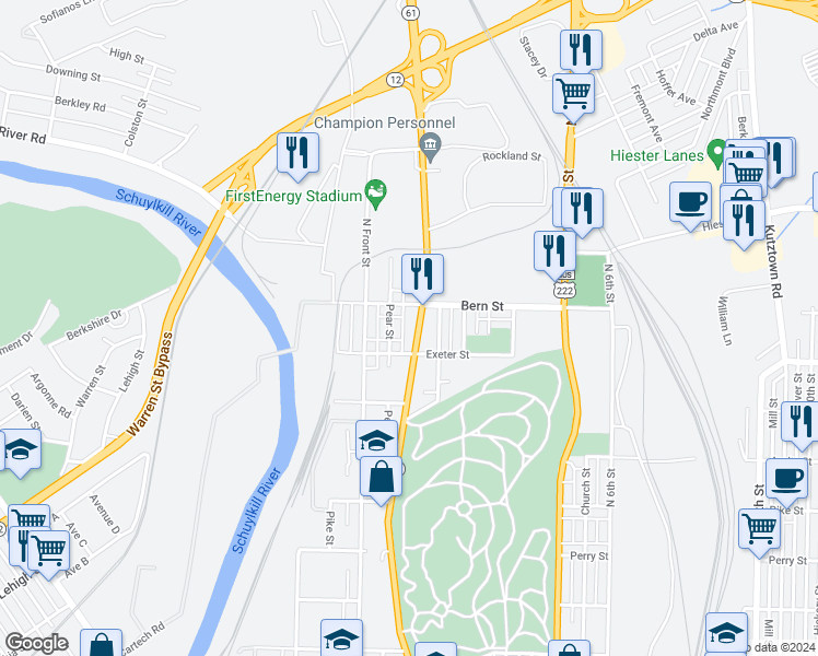 map of restaurants, bars, coffee shops, grocery stores, and more near 1740 Centre Avenue in Reading