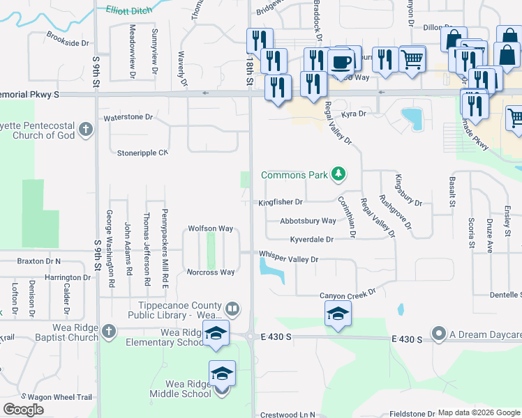 map of restaurants, bars, coffee shops, grocery stores, and more near 1805 Kingfisher Dr in Lafayette
