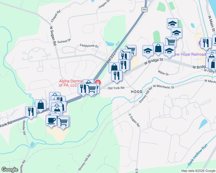 map of restaurants, bars, coffee shops, grocery stores, and more near 403 York Road in New Hope