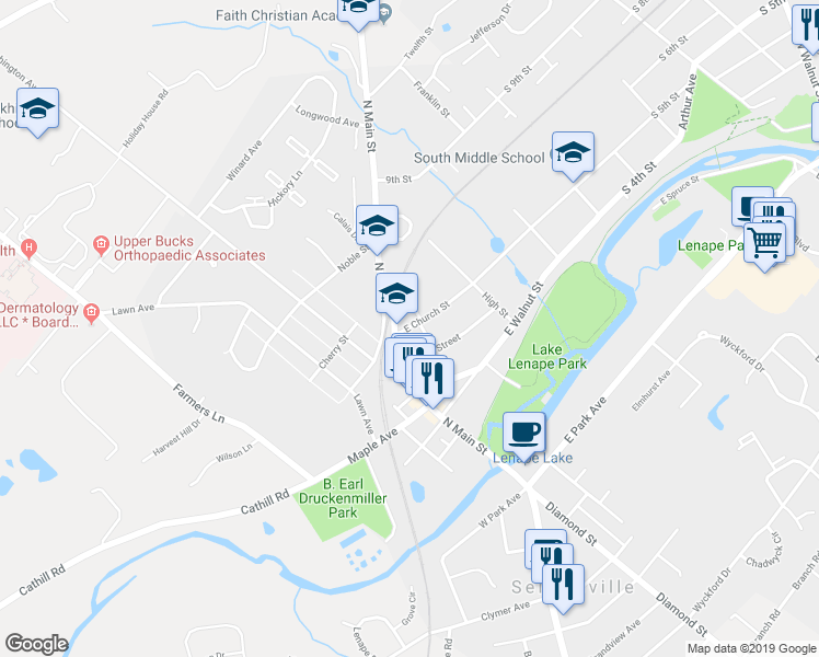 map of restaurants, bars, coffee shops, grocery stores, and more near 120 East Church Street in Sellersville