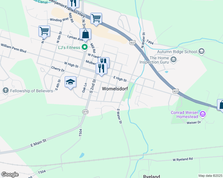 map of restaurants, bars, coffee shops, grocery stores, and more near 31 South Front Street in Womelsdorf