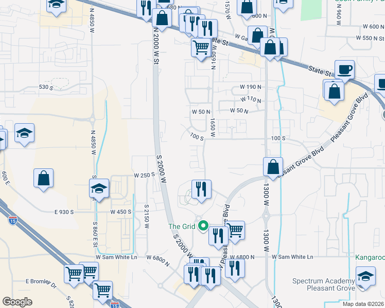 map of restaurants, bars, coffee shops, grocery stores, and more near 1766 West 160 South in Pleasant Grove