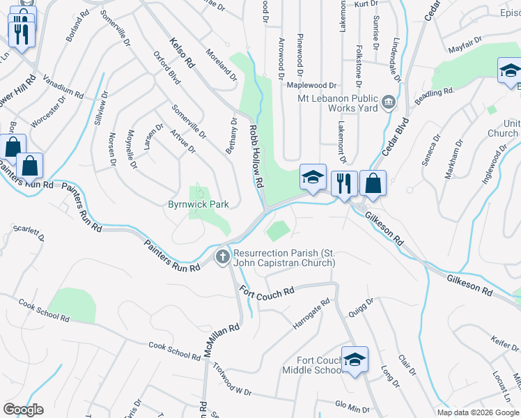 map of restaurants, bars, coffee shops, grocery stores, and more near 1612 Painters Run Road in Pittsburgh