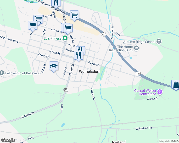 map of restaurants, bars, coffee shops, grocery stores, and more near in Womelsdorf