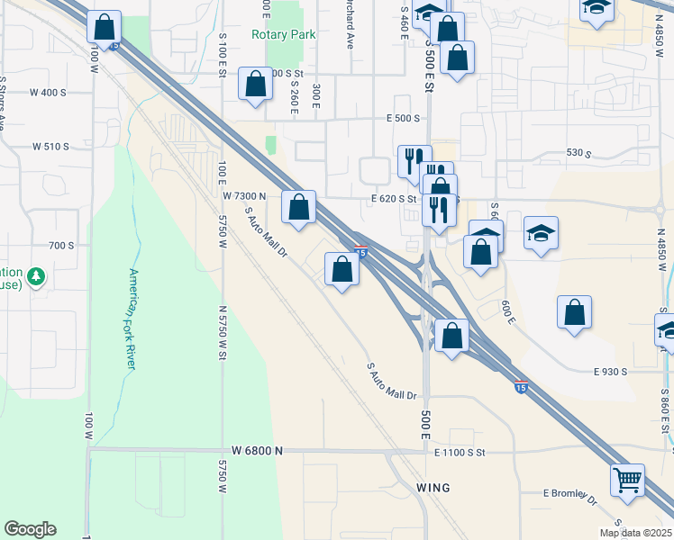 map of restaurants, bars, coffee shops, grocery stores, and more near 767 South Auto Mall Drive in American Fork