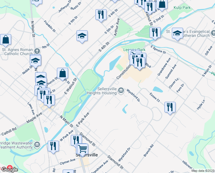map of restaurants, bars, coffee shops, grocery stores, and more near 405 East Park Avenue in Sellersville