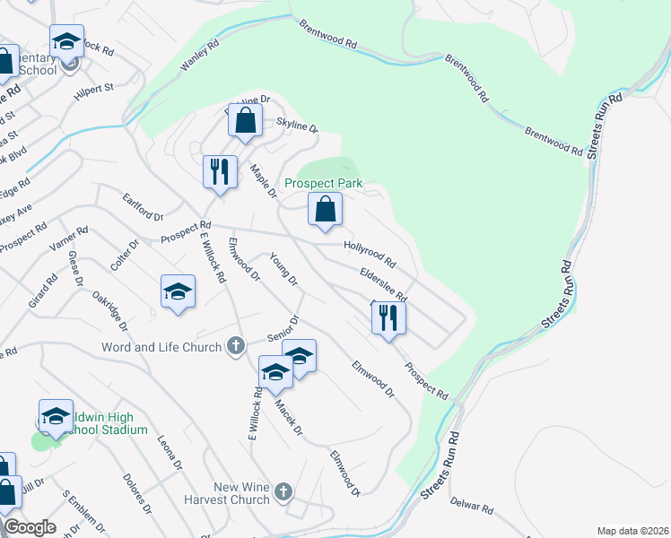 map of restaurants, bars, coffee shops, grocery stores, and more near 1542 Elderslee Road in Pittsburgh