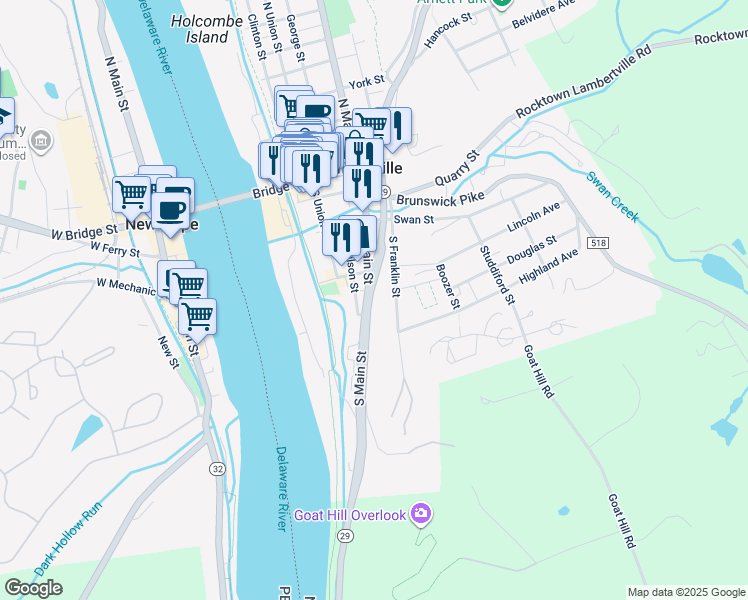 map of restaurants, bars, coffee shops, grocery stores, and more near 132 South Main Street in Lambertville