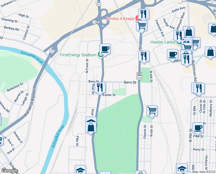 map of restaurants, bars, coffee shops, grocery stores, and more near 1741 Thorn Street in Reading