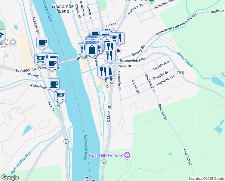 map of restaurants, bars, coffee shops, grocery stores, and more near 132 South Main Street in Lambertville