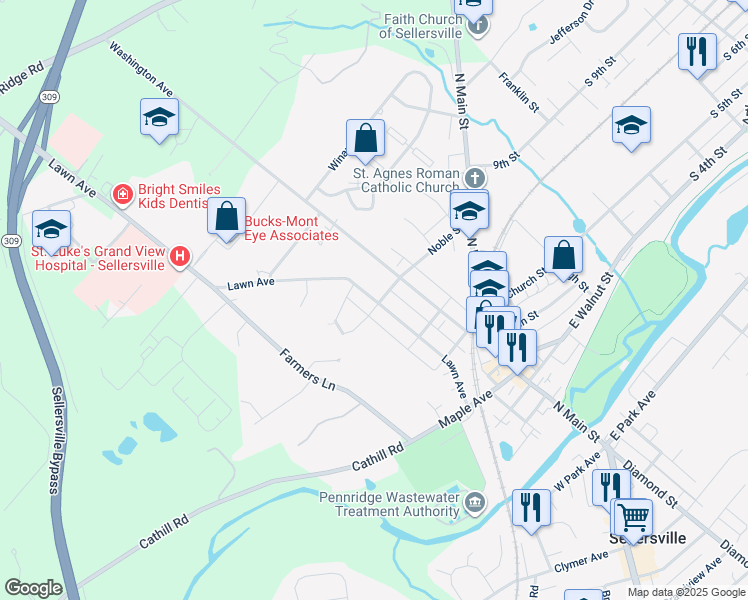 map of restaurants, bars, coffee shops, grocery stores, and more near 407 Lawn Avenue in Sellersville