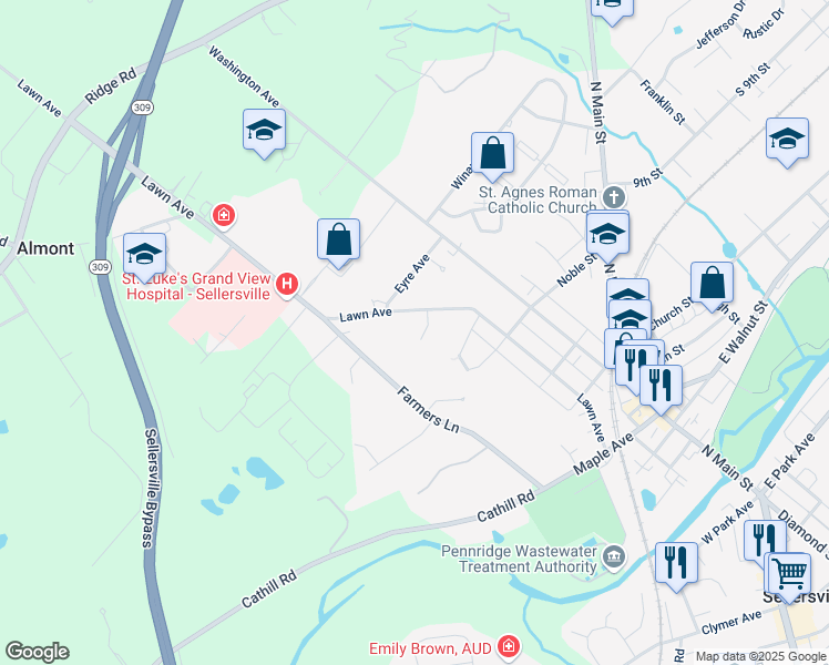 map of restaurants, bars, coffee shops, grocery stores, and more near 6 Woodbury Avenue in Sellersville