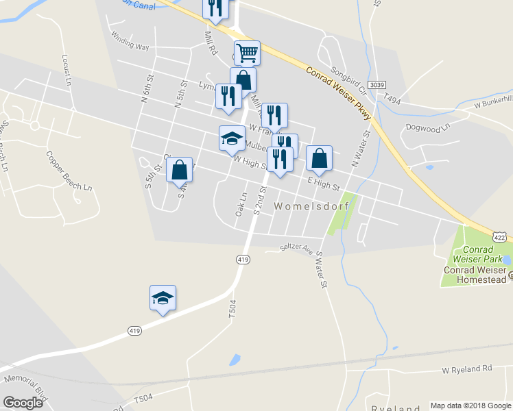 map of restaurants, bars, coffee shops, grocery stores, and more near 106 South 2nd Street in Womelsdorf