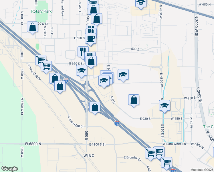 map of restaurants, bars, coffee shops, grocery stores, and more near 704 South Utah Valley Drive in American Fork