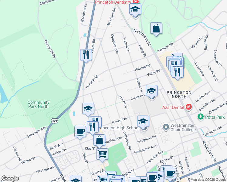 map of restaurants, bars, coffee shops, grocery stores, and more near 253 Jefferson Road in Princeton