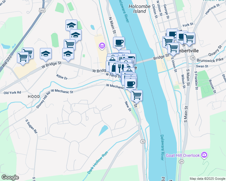 map of restaurants, bars, coffee shops, grocery stores, and more near 55 West Mechanic Street in New Hope