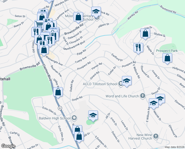 map of restaurants, bars, coffee shops, grocery stores, and more near 1136 Varner Road in Pittsburgh