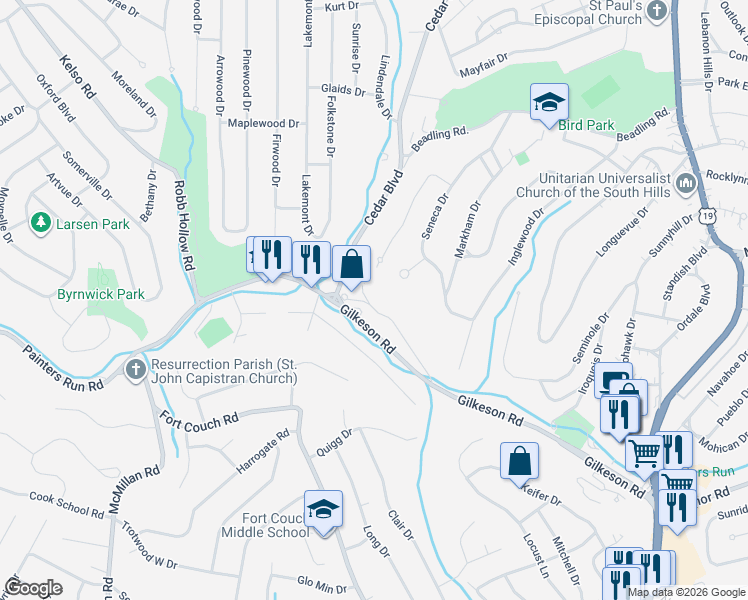 map of restaurants, bars, coffee shops, grocery stores, and more near 390 Old Gilkeson Road in Pittsburgh